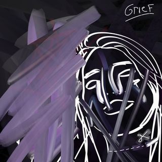 A traced image of me and my ex drawn over with her face covered up with hard brushing and mine with scratches, title up in the top right corner